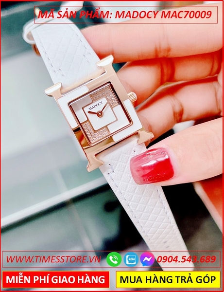 Đồng Hồ Nữ Madocy Mặt Vuông Tựa Hermes Rose Gold Dây Da Trắng (32mm)