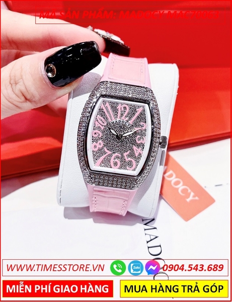 Đồng Hồ Nữ Madocy Tựa Franck Muller Vanguard Full Đá Dây Da Hồng