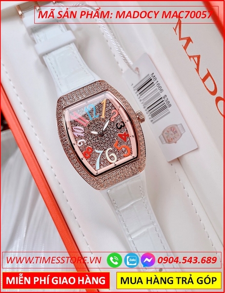 Đồng Hồ Nữ Madocy Tựa Franck Muller Vanguard Rose Gold Dây Da Trắng (32mm)