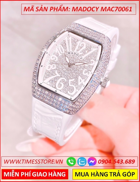 Đồng Hồ Nữ Madocy Tựa Franck Muller Vanguard Full Đá Dây Da Trắng