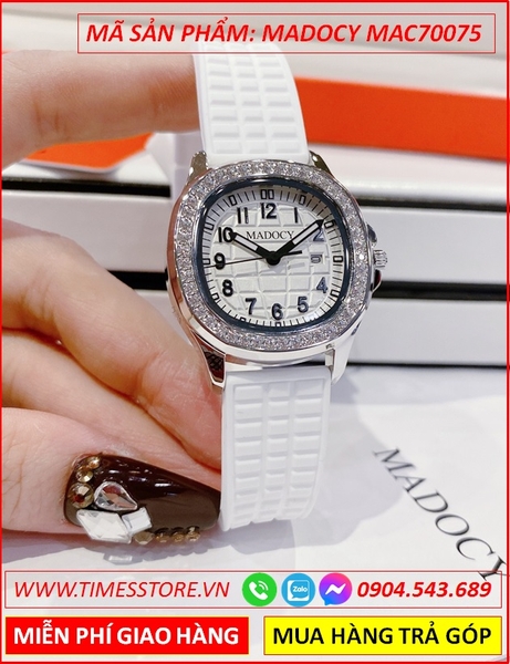 Đồng Hồ Nữ Madocy Tựa Patek Phillipe Mặt Đính Đá Dây Silicone Trắng