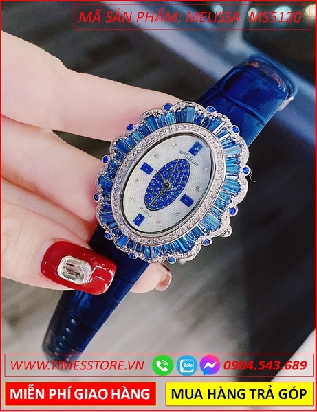Đồng hồ Nữ Melissa Mặt Elip Swarovski Xanh Dương Dây Da Xanh