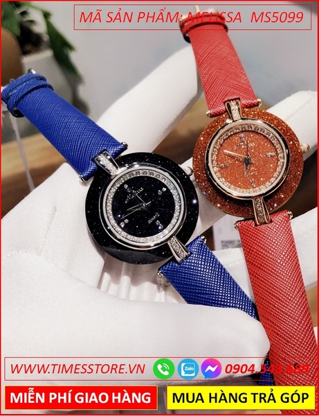 Đồng hồ Nữ Melissa Mặt Tròn Ceramica Đính Đá Dây Da Xanh