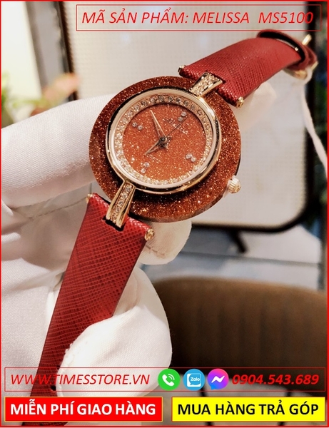 Đồng hồ Nữ Melissa Mặt Tròn Ceramica Đính Đá Dây Da Đỏ (34mm)