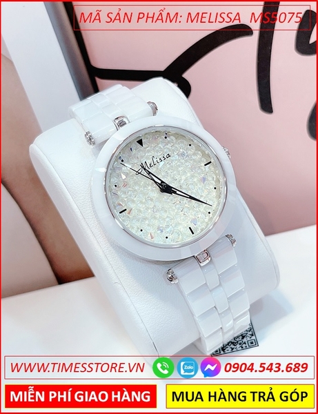 Đồng hồ Nữ Melissa Mặt Tròn Full Đá Pha Lê Dây Ceramica Trắng