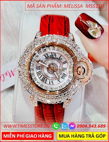 Đồng hồ Nữ Melissa Mặt Tròn Full Đá Pha Lê Dây Da Đỏ