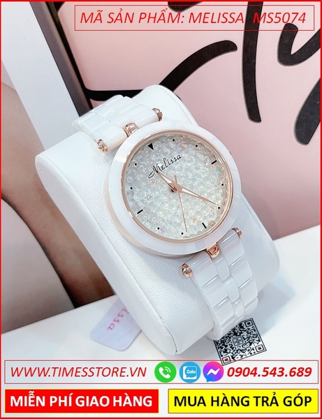 Đồng hồ Nữ Melissa Mặt Tròn Rose Gold Full Đá Dây Ceramica Trắng (36mm)