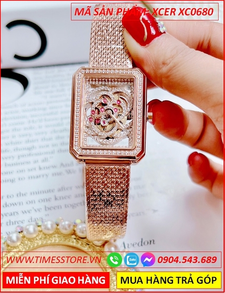 Đồng Hồ Nữ Xcer Mặt Chữ Nhật Lộ Máy Dây Mesh Rose Gold (32mm)