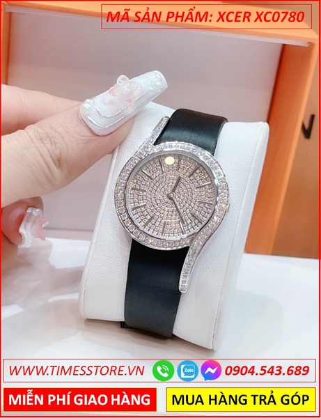 Đồng Hồ Nữ Xcer Mặt Full Đá Hình Chữ S Dây Da Lụa Đen