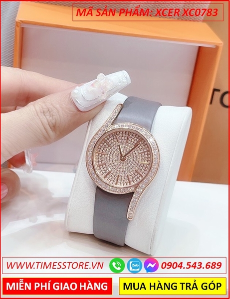 Đồng Hồ Nữ Xcer Mặt Full Đá Rose Gold Hình Chữ S Dây Da Lụa Xám (32mm)