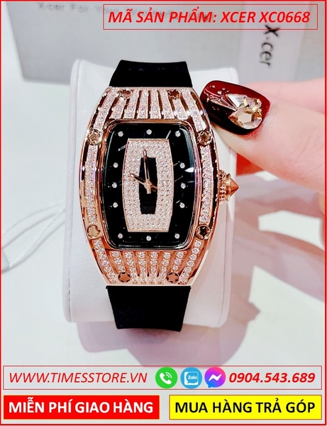 Đồng Hồ Nữ Xcer Mặt Oval Đính Đá Rose Gold Dây Silicone Đen