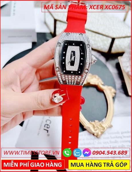 Đồng Hồ Nữ Xcer Mặt Oval Đính Đá Swarovski Dây Silicone Đỏ