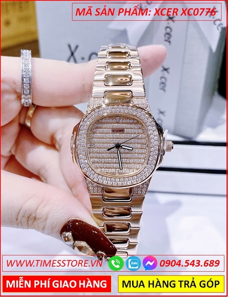 Đồng Hồ Nữ Xcer Mặt Vuông Full Đá Dây Kim Loại Rose Gold