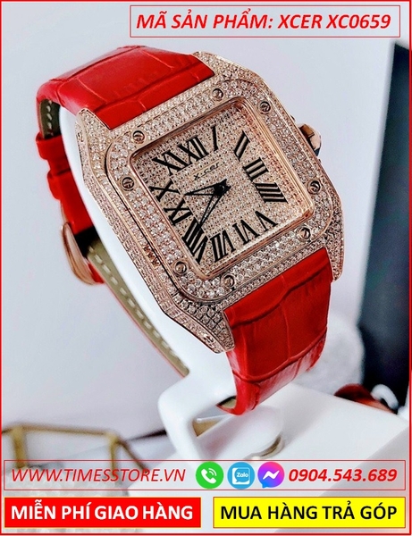 Đồng Hồ Nữ Xcer Mặt Vuông Rose Gold Full Đá Dây Da Đỏ