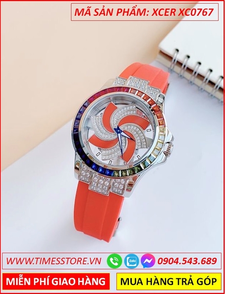 Đồng Hồ Nữ Xcer Mặt Xoay Đính Đá Nhiều Màu Dây Silicone Đỏ