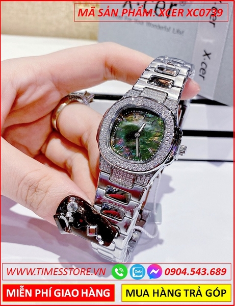 Đồng Hồ Nữ Xcer Tựa Cartier Mặt Vuông Xanh Dây Kim Loại