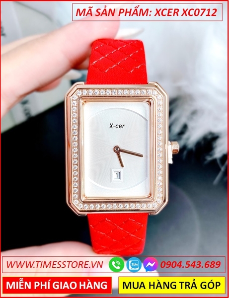 Đồng Hồ Nữ Xcer Tựa Chanel Mặt Chữ Nhật Rose Gold Dây Da Đỏ