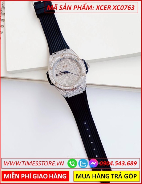 Đồng Hồ Nữ Xcer Tựa Hublot Mặt Full Đá Swarovski Dây Silicone Đen