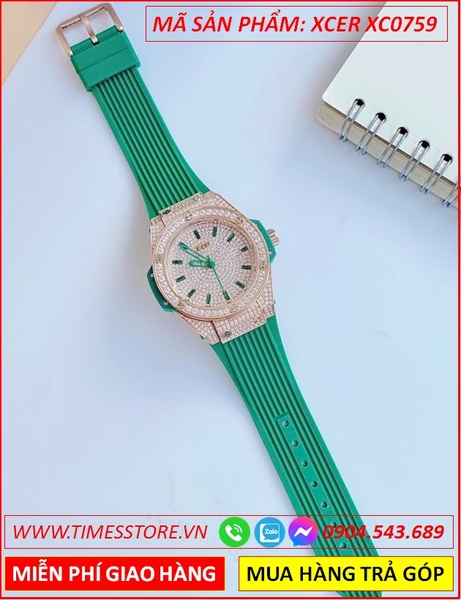 Đồng Hồ Nữ Xcer Tựa Hublot Mặt Full Đá Rose Gold Dây Silicone Xanh Lá (34mm)