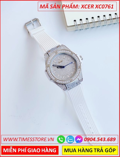 Đồng Hồ Nữ Xcer Tựa Hublot Mặt Full Đá Swarovski Dây Silicone Trắng