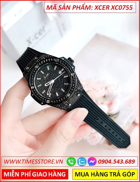Đồng Hồ Nữ Xcer Tựa Hublot Mặt Full Đá Đen Dây Silicone Đen