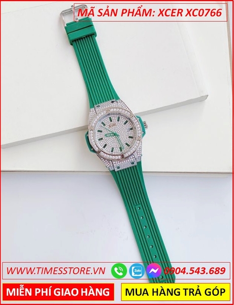 Đồng Hồ Nữ Xcer Tựa Hublot Mặt Full Đá Swarovski Dây Silicone Xanh Lá