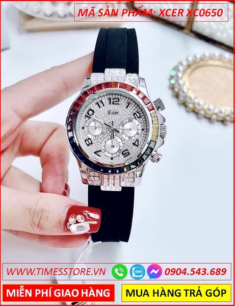 Đồng Hồ Nữ Xcer Tựa Rolex Đính Đá Nhiều Màu Dây Silicone Đen
