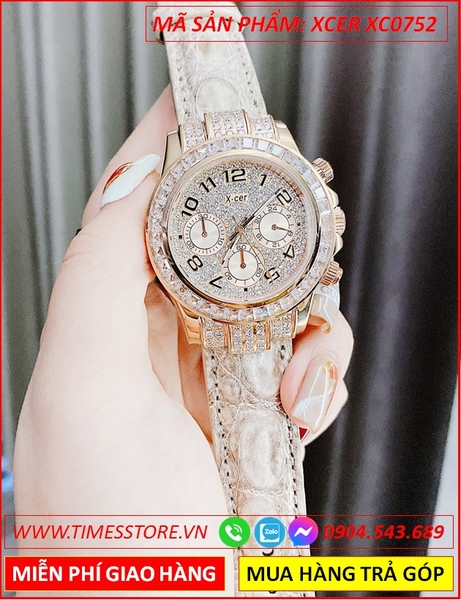 Đồng Hồ Nữ Xcer Tựa Rolex Full Đá Swarovski Rose Gold Dây Da Rắn