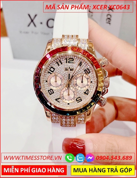 Đồng Hồ Nữ Xcer Tựa Rolex Mặt Đá Nhiều Màu Dây Cao Su Trắng