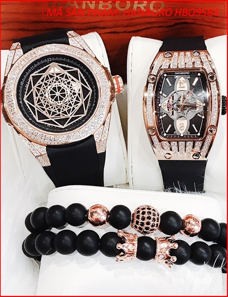 Set Đồng Hồ Hanboro Cặp Đôi Full Đá Rose Gold Dây Silicone Đen