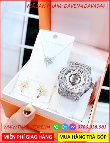 Set Đồng Hồ Nữ Davena Automatic Mặt Tròn Full Đá Dây Da Trắng
