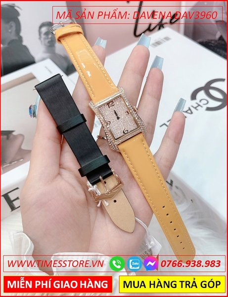 Set Đồng hồ Nữ Davena Đính Full Đá Swarovski Rose Gold Dây Da