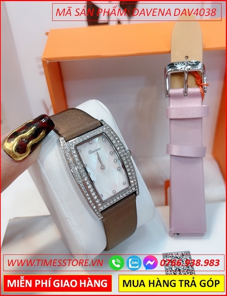 Set Đồng Hồ Nữ Davena Mặt Chữ Nhật Đá Swarovski Dây Da Nâu