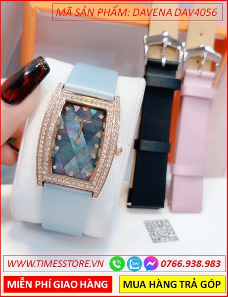 Set Đồng Hồ Nữ Davena Mặt Chữ Nhật Rose Gold Dây Satin Xanh
