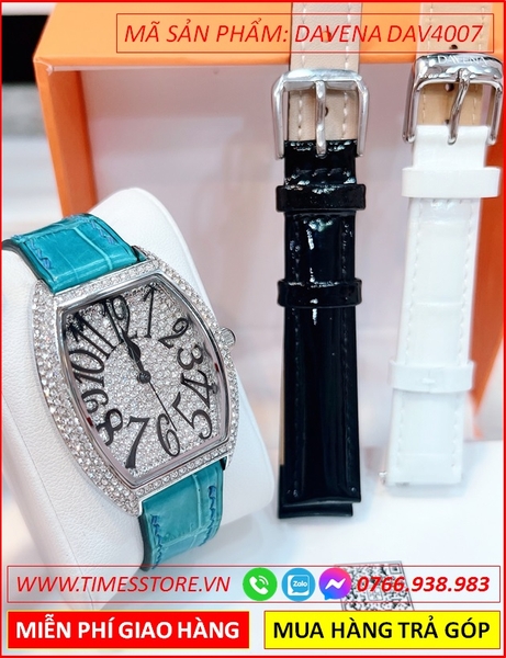 Set Đồng hồ Nữ Davena Mặt Oval Swarovski Dây Da Xanh Dương
