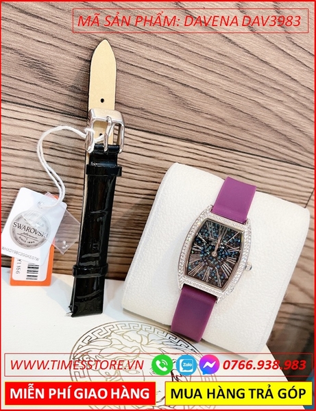 Set Đồng hồ Nữ Davena Mặt Oval Dây Cao Su Tím Full Đá Swarovski