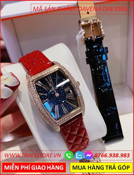 Set Đồng hồ Nữ Davena Mặt Oval Dây Da Đỏ Đính Full Đá Swarovski