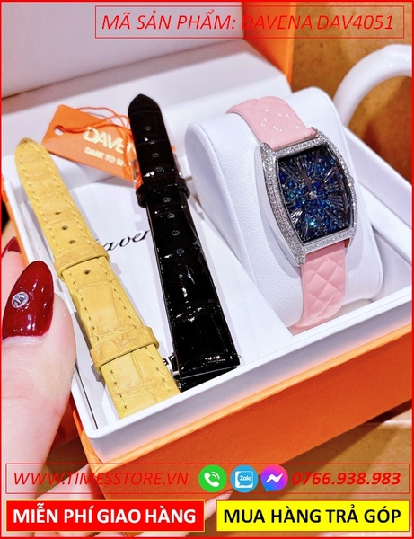 Set Đồng Hồ Nữ Davena Mặt Oval Xanh Đá Swarovski Dây Da Hồng
