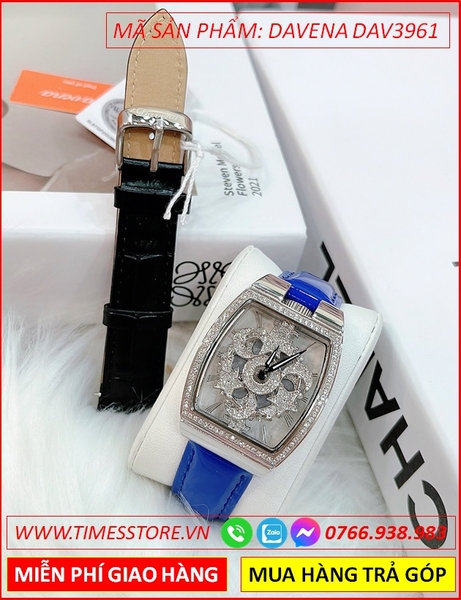 Set Đồng hồ Nữ Davena Mặt Oval Xoay Full Đá Dây Da Xanh Dương