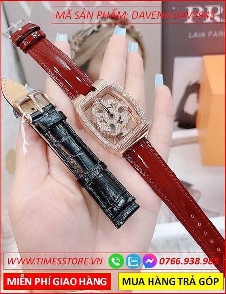 Set Đồng hồ Nữ Davena Mặt Oval Xoay Rose Gold Dây Da Đỏ Mận