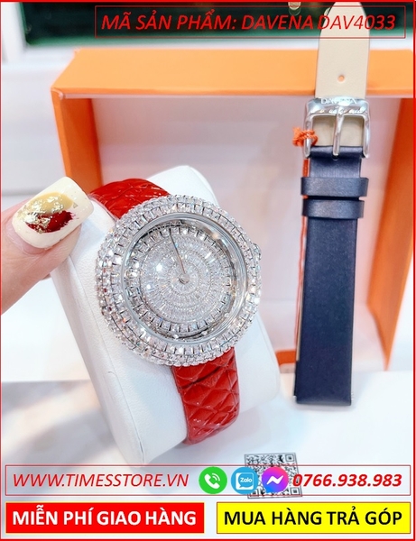 Set Đồng Hồ Nữ Davena Mặt Tròn Full Đá Pha Lê Swarovski Dây Da Đỏ