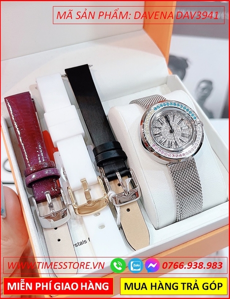 Set Đồng hồ Nữ Davena Mặt Tròn Đá Ngũ Sắc Dây Thép Lưới Mesh