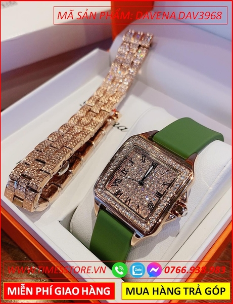 Set Đồng hồ Nữ Davena Mặt Vuông Full Đá Swarovski Rose Gold
