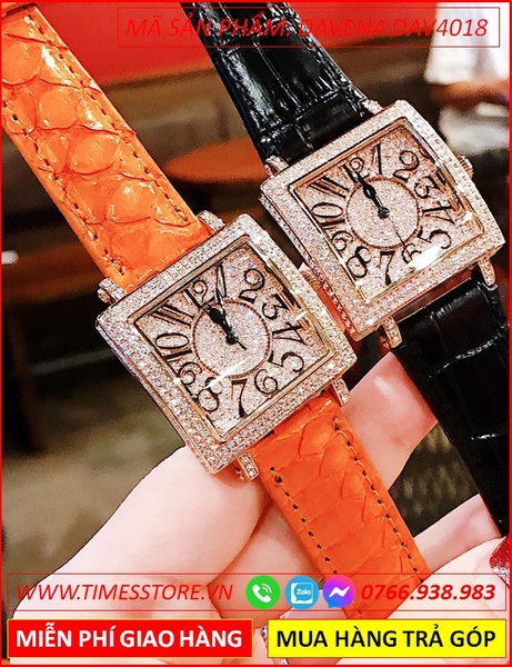 Set Đồng hồ Nữ Davena Mặt Vuông Rose Gold Dây Da Vân Cá Sấu