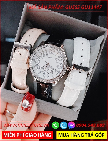 Đồng Hồ Guess Nữ Mặt Tròn Đính Đá Swarovski Dây Da