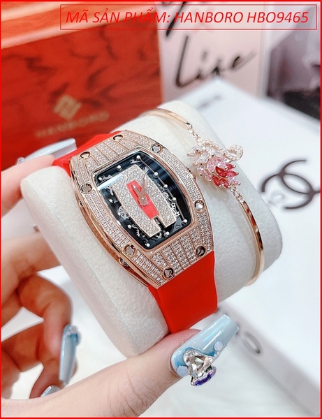 Set Đồng hồ Hanboro Nữ Mặt Oval Full Đá Rose Gold Dây Silicone Đỏ