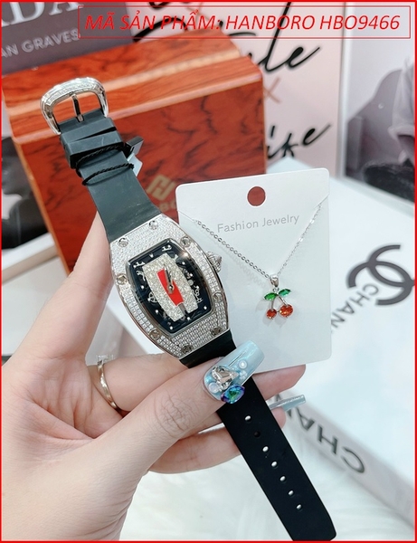 Set Đồng hồ Hanboro Nữ Mặt Oval Đính Full Đá Swarovski Dây Silicone