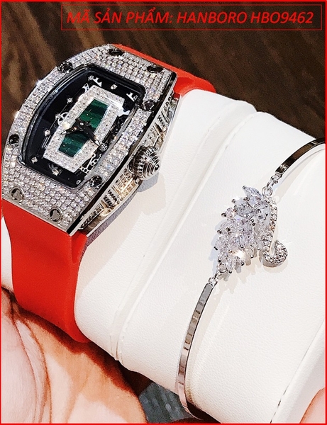 Set Đồng hồ Hanboro Nữ Mặt Oval Full Đá Swarovski Dây Silicone