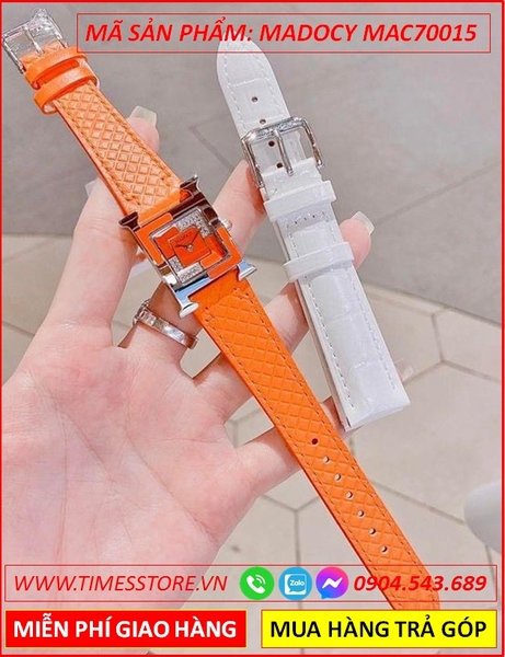Set Đồng Hồ Madocy Nữ Mặt Vuông Tựa Hermes Dây Da Cam