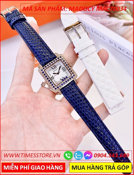 Set Đồng Hồ Madocy Nữ Mặt Vuông Đính Đá Swarovski Dây Da Xanh